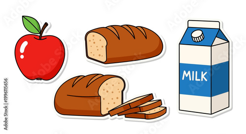 Set of healthy food and daily grocery essentials cartoon stickers.