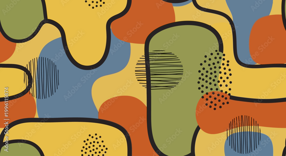 Fototapeta premium Abstract Colorful Seamless Pattern with Organic Retro Shapes