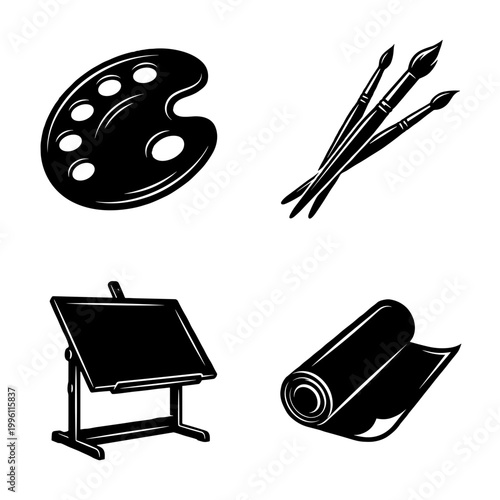 Professional Fine Art Supplies Silhouette Icons Featuring Paint Palette, Brushes, Artist Easel and Paper Scroll Symbols for Creative Design Projects