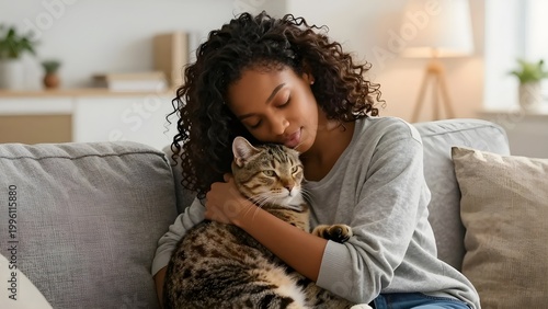 Cozy Moments: A young lady is relaxing on a cozy sofa, embracing a cat, creating a feeling of ease and calm. The bond between them is evident, reflecting comfort and companionship.