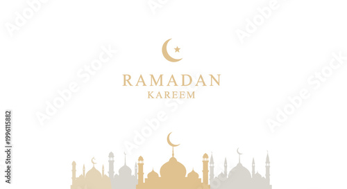 Ramadan Kareem greeting with mosque silhouettes and crescent moon design.
