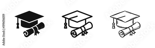 Graduation cap and diploma scroll icons set in three different styles isolated on white background