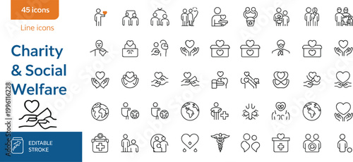 Set of charity and social welfare line icons, donation support healthcare community help symbols, editable stroke vector illustration collection
