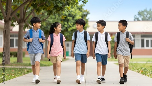 Back to School: A group of school children stroll side by side, their backpacks full of learning, their smiles radiating the excitement of a fresh school day. 