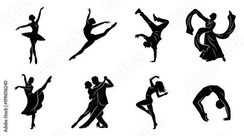 Professional Dance Silhouette Icons Set with Ballet, Hip Hop, Ballroom, and Contemporary Dancers Isolated on White Background for Arts Design
