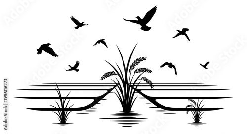 Birds flying over water plants.
