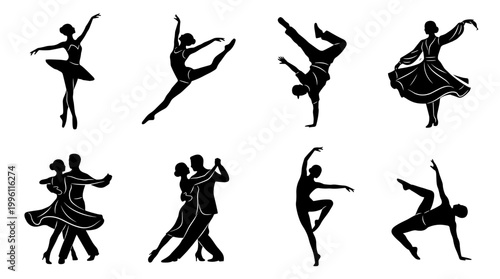 Elegant Dancers Silhouettes Collection Featuring Ballet Leap, Breakdance, Waltz, and Modern Dance Poses Isolated on White Vector Illustration