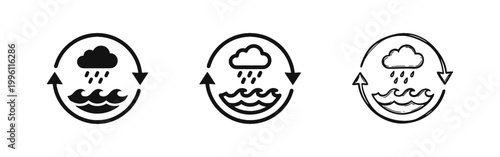 Fotografía Water cycle icons set with cloud rain and sea waves in three different styles is