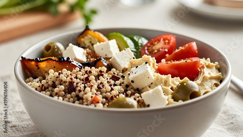 Mediterranean Quinoa Bowl: A vibrant and nutritious bowl showcases a medley of fresh, healthy ingredients, including fluffy quinoa, creamy hummus, succulent tomatoes, and creamy feta cheese.