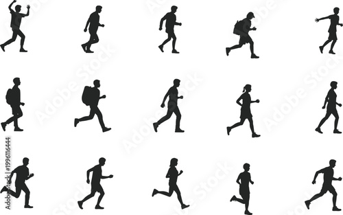 Black silhouette walking and running poses set, dynamic human motion study, diverse movement stages, backpacks, athletic and commuter postures, vector icons