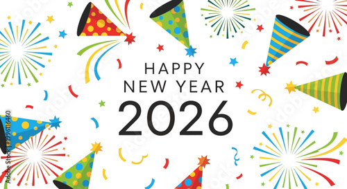 Happy New Year 2026 celebration with party hats and fireworks.