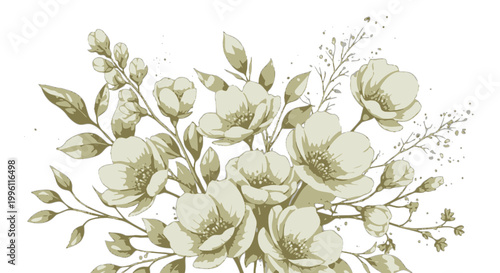 Cream Colored Floral Arrangement with Small Blossoms and Sprigs on Black Background Keywords: cream flowers, floral