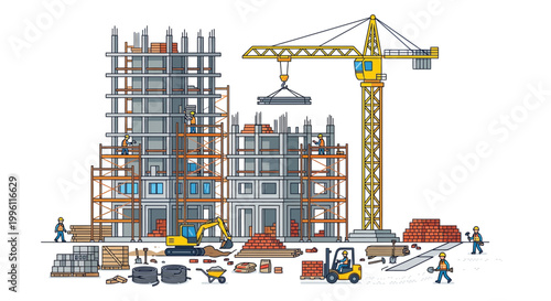 Construction site with a tall building under development and heavy machinery