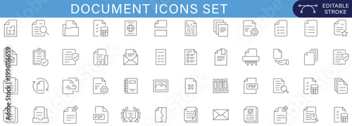 Document icons set collection with file, pdf, checklist, folder, search, approval, report, business office paperwork line symbols minimal outline vector pack editable stroke
