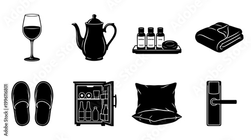 Hotel Amenities and Guest Room Service Icons Set, Wine Glass, Teapot, Toiletries, Blanket, Slippers, Minibar, Pillows, Door Handle Electronic Lock Vector