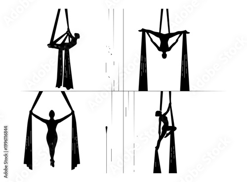 Female Gymnast Silhouette Sequence Performing Acrobatic Aerial Silks Dance and Flexible Gymnastics Postures for Performing Arts Design