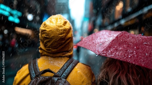 A captivating rainy day city scene where individuals in vibrant rain gear navigate through streets, depicting resilience and beauty in the midst of a drizzly atmosphere.