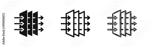 Foto Air filter purification icons set showing air flow through layers in three diffe