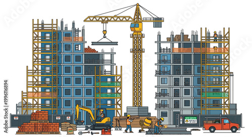 Construction site with buildings under development and heavy machinery