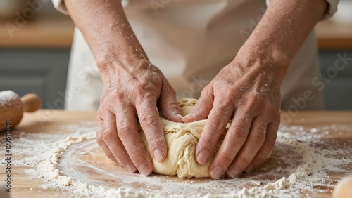 The Art of Breadmaking: A close-up shot captures the skillful hands of a baker kneading dough on a flour-dusted wooden surface, evoking a sense of warmth, tradition, and culinary craftsmanship.
