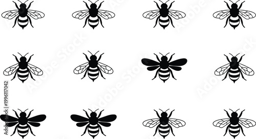 Bee silhouette icon set featuring detailed honeybee variations with wings and stripes, isolated black vector illustrations for nature and insect design use