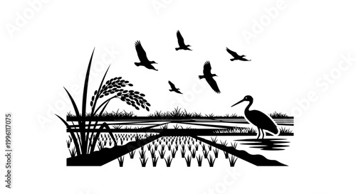 Birds flying over water with reeds.