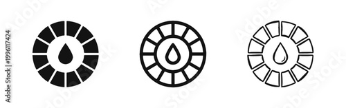 Water drop meter icons set with segmented circle in three different styles isolated on white