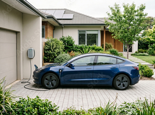 Blue Electric Car Charging at Modern Home with Solar Panels on Roof