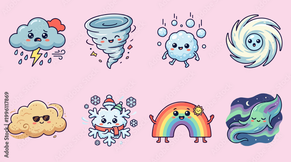 Naklejka premium Cute Weather Characters Set with Kawaii Faces, Cartoon Tornado, Storm Cloud, Hail, Hurricane, Sandstorm, Snowflake, Rainbow and Aurora Vector Icons for Kids Education