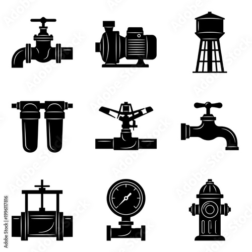 Water Supply and Plumbing System Icons Set, Industrial Valve, Pump, Faucet, Water Tower, Pressure Gauge and Fire Hydrant Vector Symbols for Engineering and Utility Service