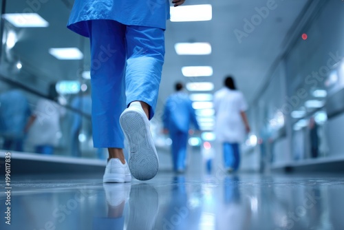 Healthcare professionals walking down a modern hospital corridor on an escalator.