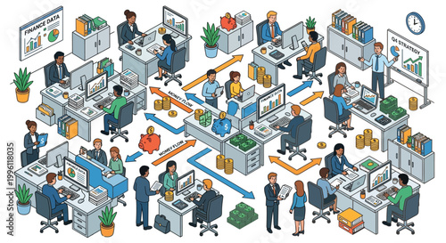 Diverse office workers collaborate and manage finances in a busy workspace