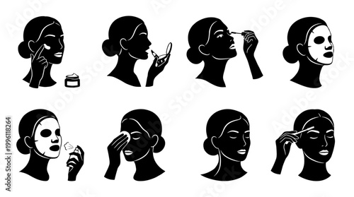 Woman Beauty Care and Skincare Routine Silhouette Icons Set, Facial Mask, Cream Application, Makeup and Eye Treatment Vector Symbols for Spa and Salon