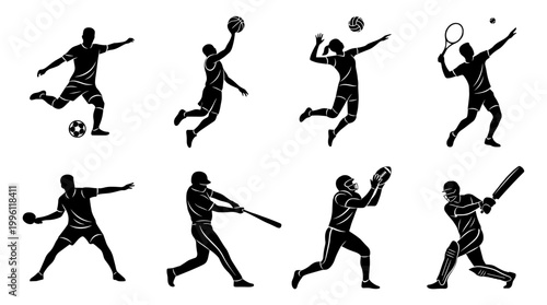Athletes and Sports Players Silhouette Icons Set, Football, Basketball, Volleyball, Tennis, Baseball, Rugby and Cricket Vector Symbols for Competition
