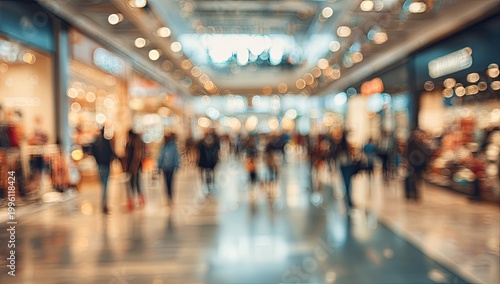 Blurred image of shoppers walking through a busy shopping mall interior.