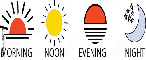 Morning noon evening night Icons sun and moon with stars  time of day vector set, vector Illustration. 