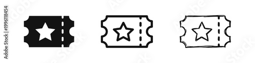 Ticket with star icon set, admit one, event entry pass, solid, outline and hand-drawn sketch styles