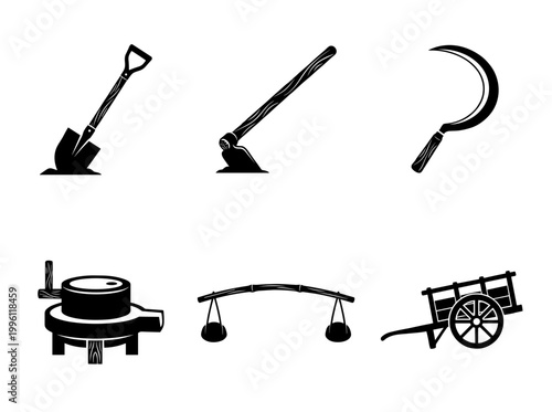 Traditional Agriculture Farming Tools Silhouette Set, Hand Drawn Shovel, Hoe, Sickle, Stone Mill, Shoulder Pole and Wooden Cart Vector Illustrations