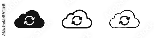 Cloud sync icon set, data backup and refresh symbol, solid, outline and hand-drawn sketch styles