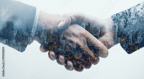 Double Exposure of Business Handshake with Cityscape Overlay.