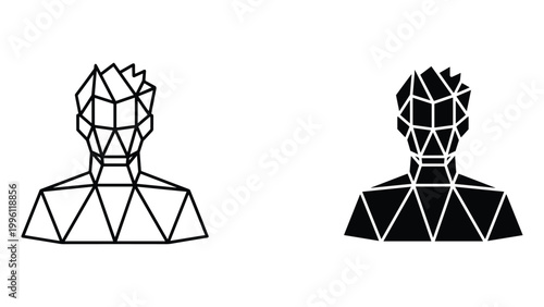 A geometric illustration of two human figures in black and white