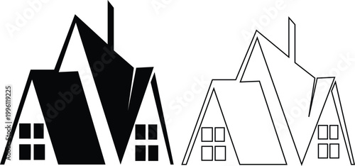 Modern Residential House Silhouette and Thin Line Architecture Icon Set.