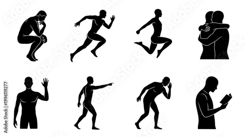 Human Poses and Actions Silhouette Icons Set with People Thinking Running Jumping Hugging Waving Pointing Listening and Reading Book Vector