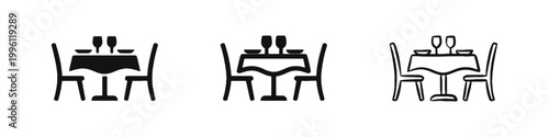 Restaurant table for two icon set, romantic dinner with wine glasses, solid, outline and hand-drawn sketch styles