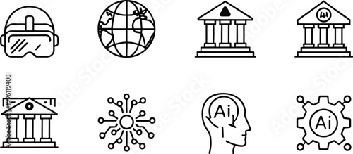 Minimalist vector line icon set featuring artificial intelligence brain technology virtual reality headset global network bank building and gear system for modern digital innovation concepts.