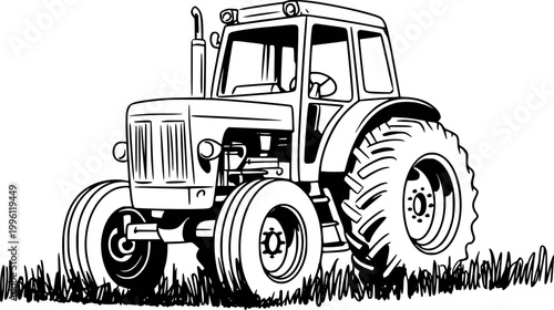 Black and white line of a vintage tractor in grassy field farm agriculture vehicle