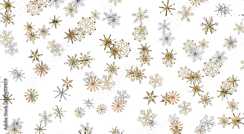Christmas background with golden and silver snowflakes. Winter season holiday design, festive backd