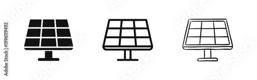 Solar panel icon set, renewable energy and solar power symbol, solid, outline and hand-drawn sketch styles