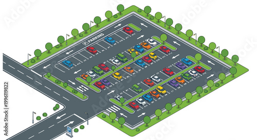 Isometric illustration of a busy parking lot with various colored cars