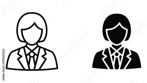 Two simple line art illustrations of businesswomen in black and white